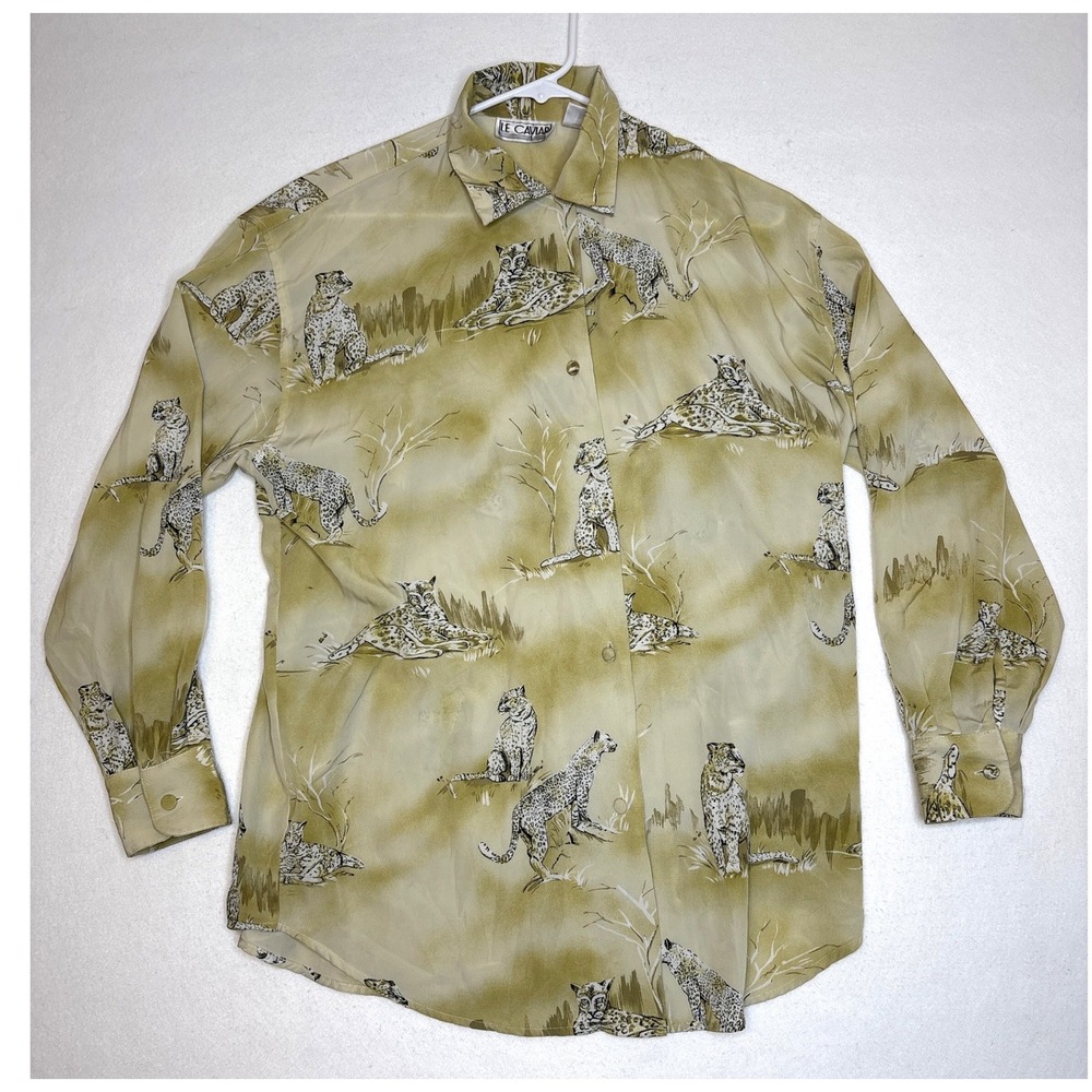 Le Caviar Womens Shirt Vintage Safari Leopard Print Small Tan Green